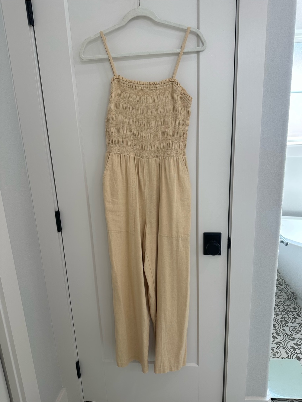 Universal Thread Beige Smocked-Strap Wide-Leg Jumpsuit